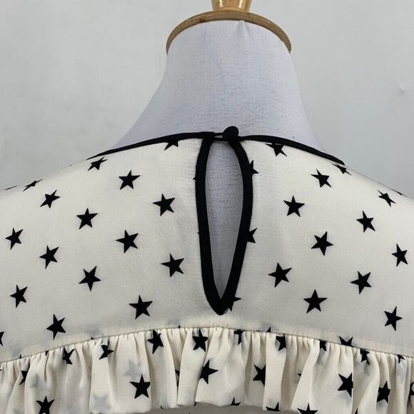 J Crew Blouse Womens 0 White Black Silk Blend Ruffle Star Print Keyhole Back Top - Picture 5 of 14